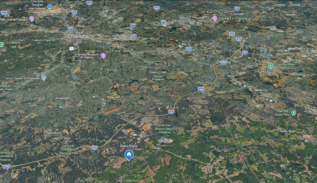 Satellite bird's eye view showing Bales Manor's proximity to Downtown Charlotte, NC
