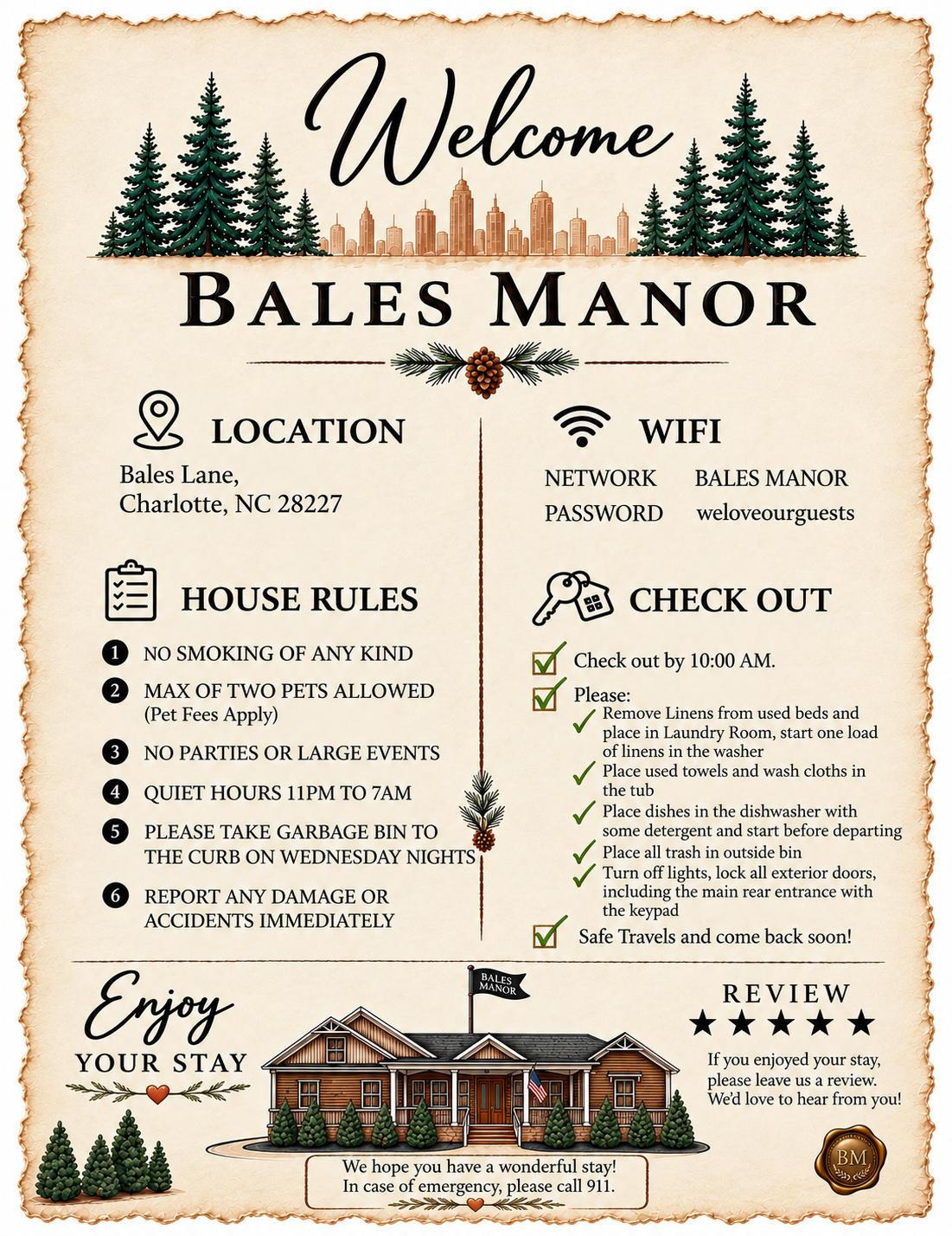 Bales Manor guest welcome guide — a sample of Havenly Hosts' strategic welcome signage